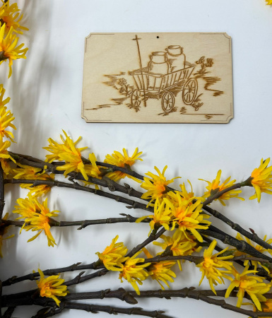 Produse debitate la laser - Telegramă din Lemn – Design Rustic cu Căruță și Butoaie