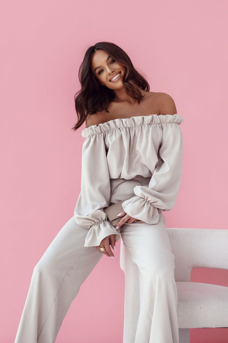 Compleu elegant femei cu bluza cu volane și pantaloni talie înaltă [2]