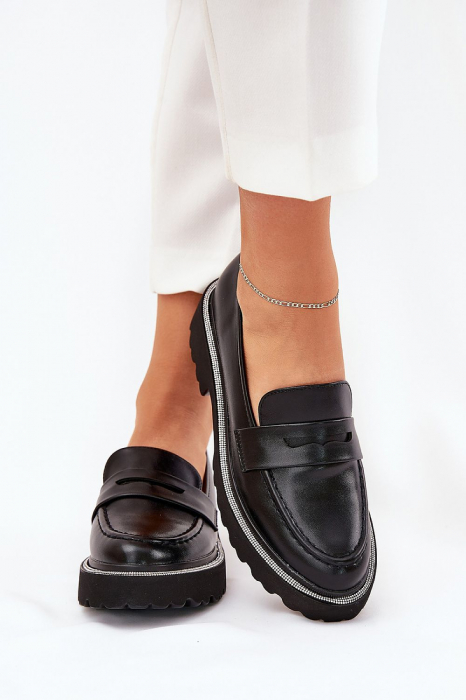 Mocasini Negri Femei din Piele Ecologică cu Zirconii, Confortabili și Eleganți [1]