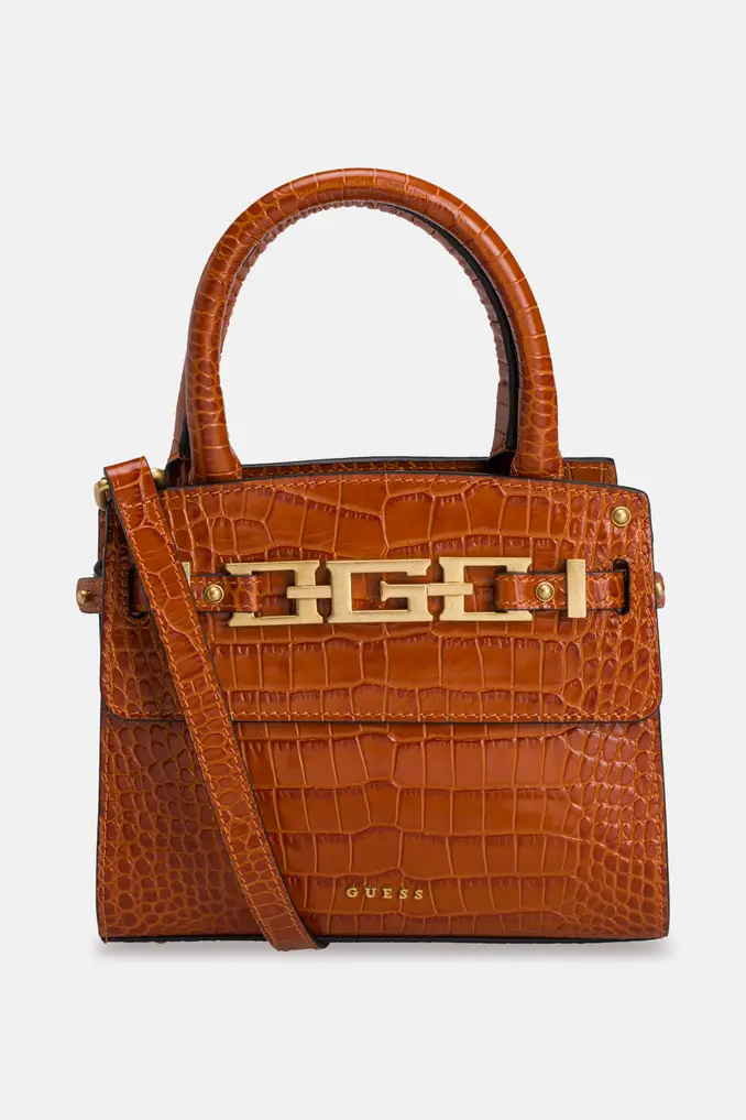 Accesorii - Geantă Guess damă maro coniac textură croco detalii aurii