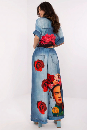 Pantaloni - Pantaloni palazzo cu talie înaltă și imprimeu colorat