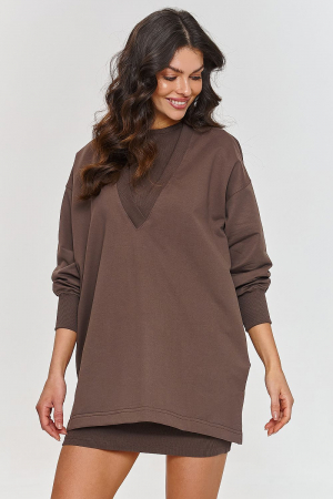 Compleuri - Set Trening Femei Maro - Rochie Mulsă și Bluza Oversized cu Guler V