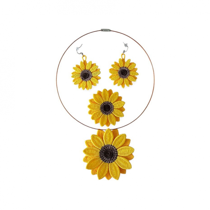 Set Floarea Soarelui brosa cercei colier handmade bijuterii rocrist [2]