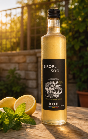 Sticla de Sirop de Soc ROD (500 ml) pe o terasă la asfințit, alături de flori de soc proaspete și jumătăți de lămâie.