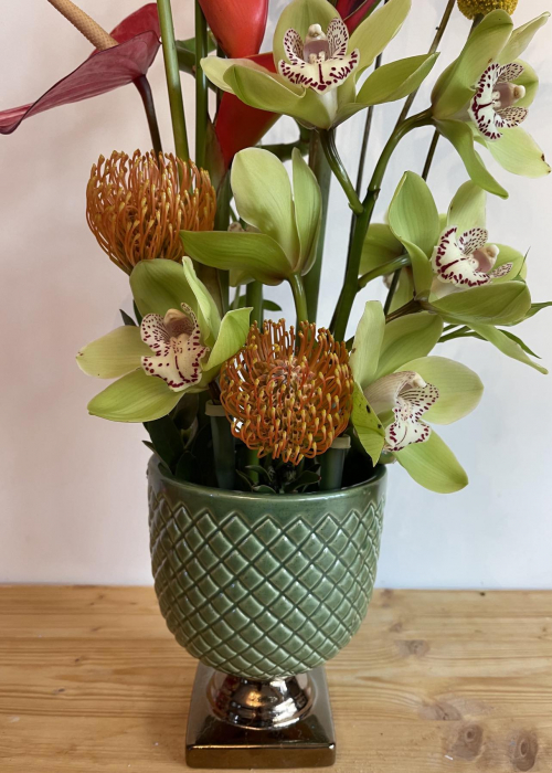 aranjament office leucospermum, bambus, anthurium, orhidee, Craspedia, succes in afaceri [5]