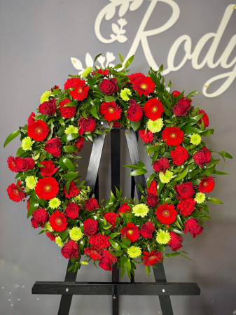 Coroană funerară cu trandafiri și minigerbera roșii [2]