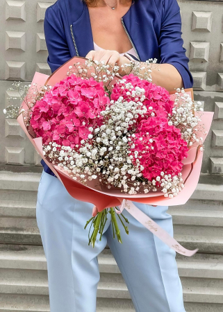 Buchet de flori hortensii roz, gypsophila, sweet candy [1]