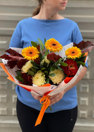 Buchete sub 200 lei - Buchet de toamna Sunset cu crizanteme si gerbera