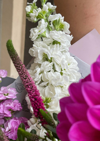 Buchet roz mov, dalia, matthiola, lisianthus [2]