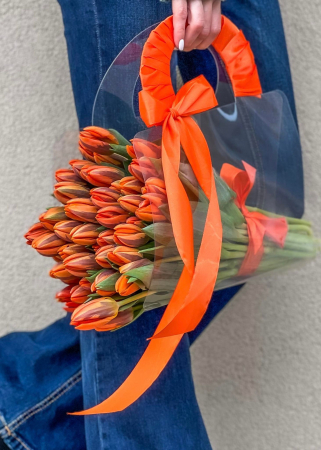 Martisor - geanta transparenta cu lalele portocalii de valentine's day