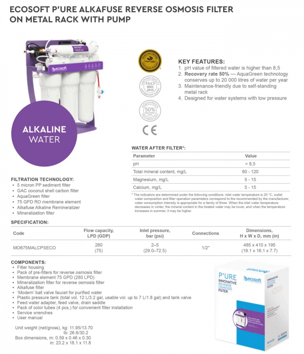 Purificator cu osmoza inversa P'URE Alkafuse cu pompa booster si cadru metalic [5]