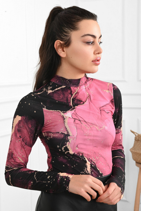 Bluza casual cu maneca lunga, culoare fucsia cu negru [1]