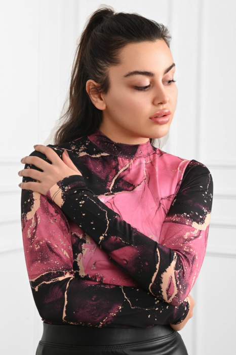 Bluza casual cu maneca lunga, culoare fucsia cu negru [2]