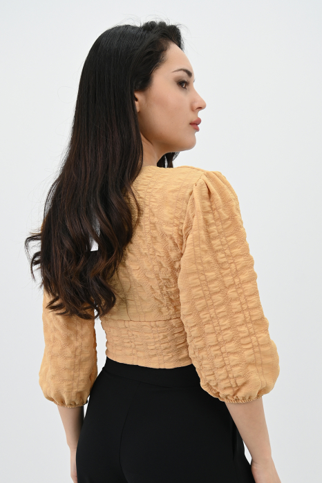 Bluza casual, maneca trei sferturi, model scurt crop-top, Bej [3]