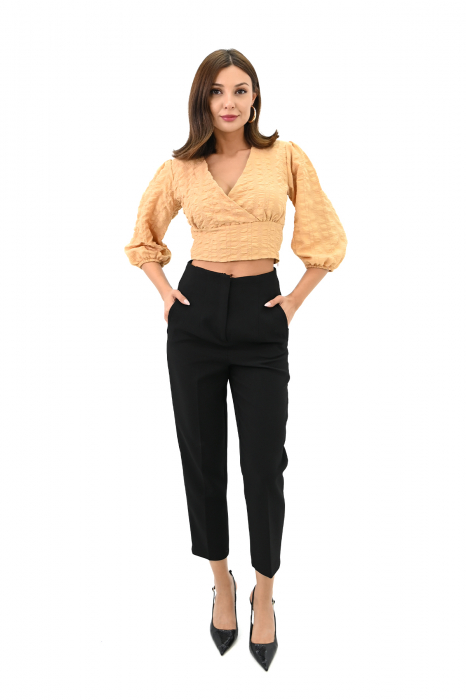 Bluza casual, maneca trei sferturi, model scurt crop-top, Bej [5]