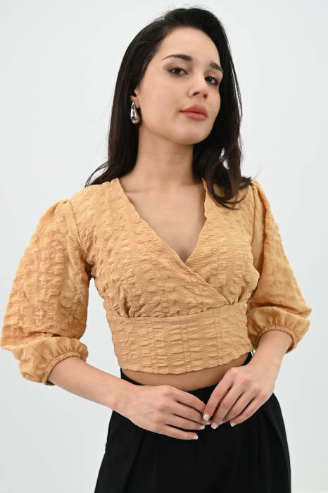 Bluza casual, maneca trei sferturi, model scurt crop-top, Bej [1]