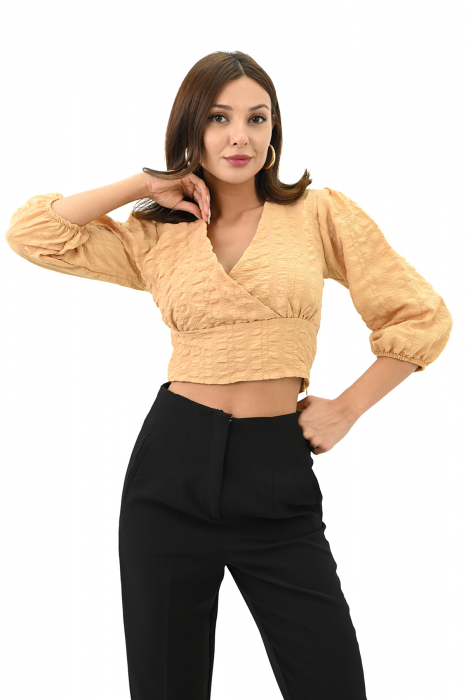 Bluza casual, maneca trei sferturi, model scurt crop-top, Bej [6]