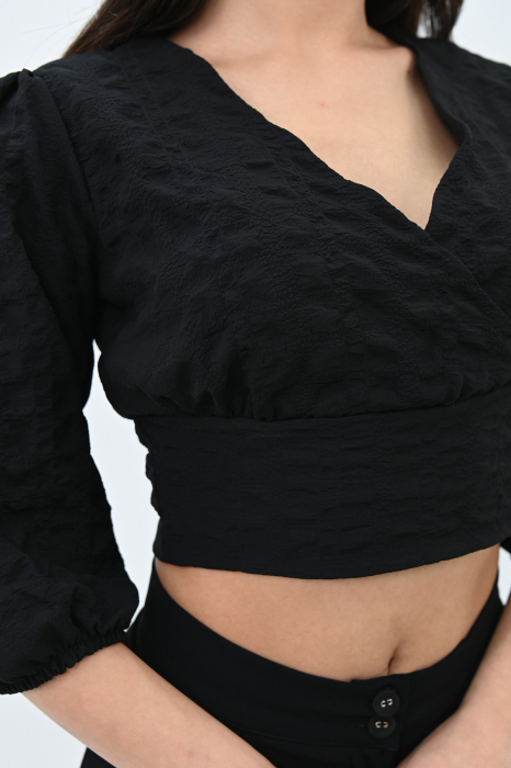 Bluza casual, maneca trei sferturi, model scurt crop-top, Negru [4]