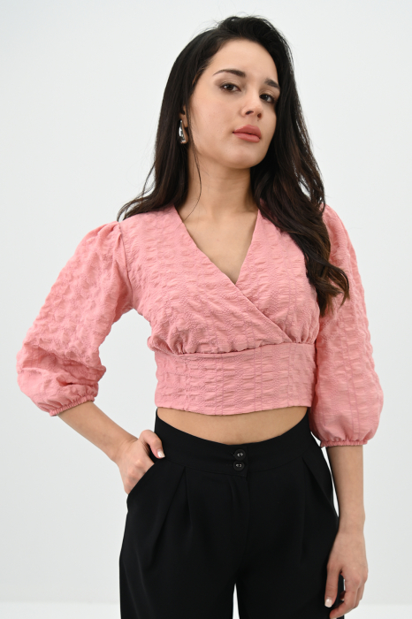 Bluza casual, maneca trei sferturi, model scurt crop-top, Roz pudra [1]