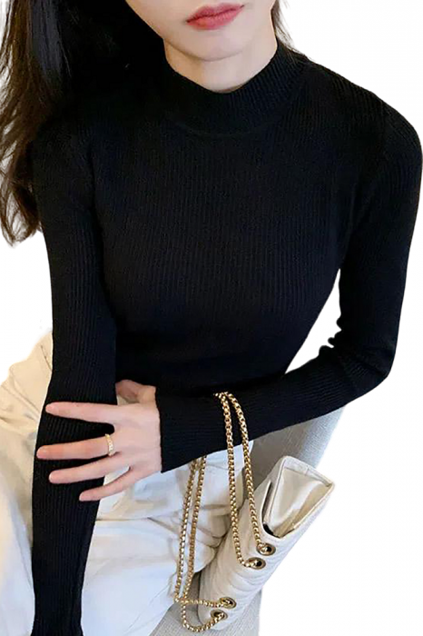 Bluza dama cu maneca lunga, helanca, guler scurt, striatii, bumbac, Negru [8]