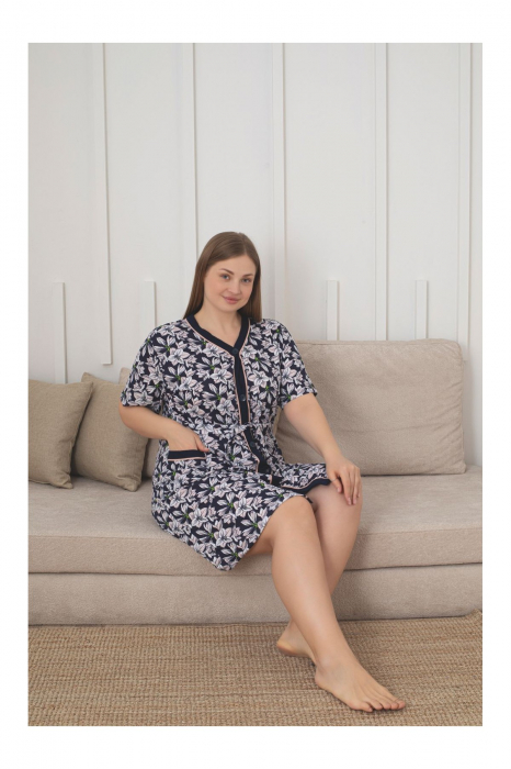 Capot de casa cu maneca scurta, Negru cu alb [2]