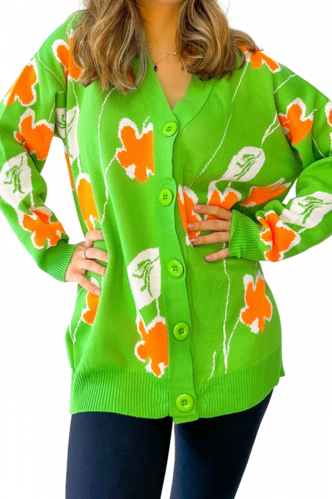 Cardigan, imprimeu floral, nasturi, marime universala M-L-XL, Verde deschis [1]