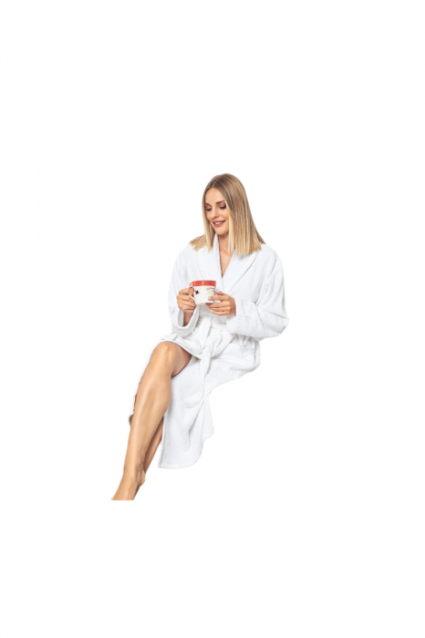 Halat dama de baie tip prosop, pufos, cu buzunare si cordon in talie, Alb [2]