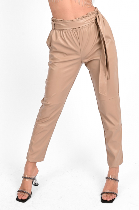 Pantaloni lungi piele ecologica, talie inalta, culoare bej [7]