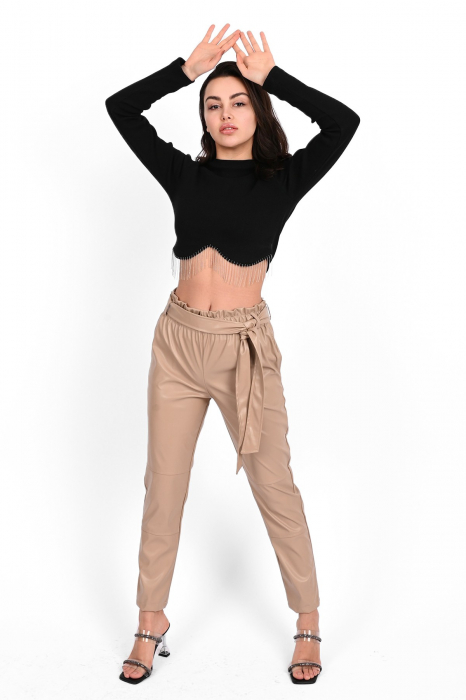 Pantaloni lungi piele ecologica, talie inalta, culoare bej [10]