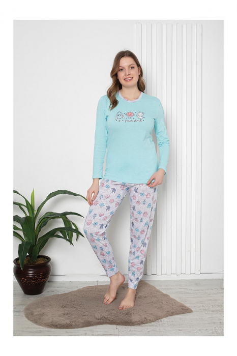 Pijama cu decolteu rotund, la baza gatului, Albastru Azur, animal print [1]