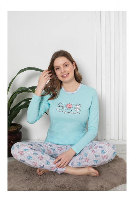 Pijama cu decolteu rotund, la baza gatului, Albastru Azur, animal print [2]