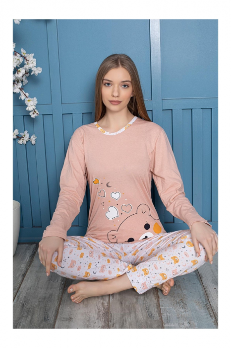 Pijama cu decolteu rotund, la baza gatului, Maro deschis cu galben, animal print [2]