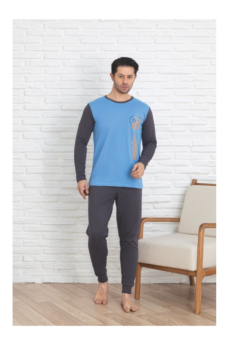 Pijamale barbati, bumbac, maneca lunga, albastru inchis [1]