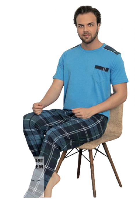 Pijamale barbati, bumbac, pantalon lung, Bluza maneca scurta cu buzunar, Albastru [2]