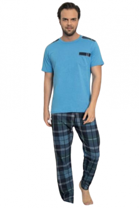 Pijamale barbati, bumbac, pantalon lung, Bluza maneca scurta cu buzunar, Albastru [1]