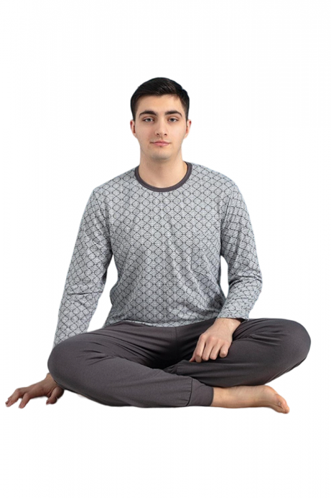 Pijamale barbati, bumbac, pantalon lung, maneca lunga, carouri Negru deschis [2]