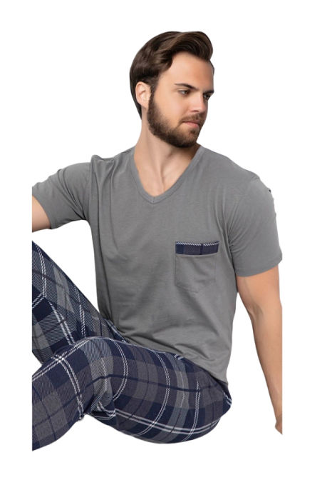 Pijamale barbati, bumbac, pantaloni lungi, bluza maneca scurta, Gri [2]