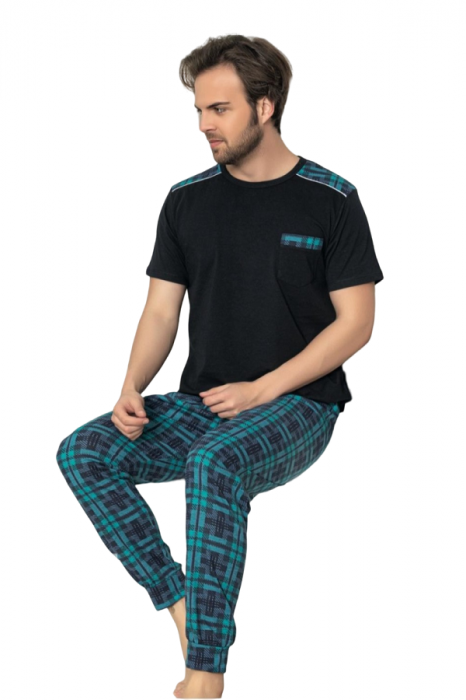 Pijamale barbati, bumbac, pantaloni lungi, bluza maneca scurta, Negru [2]