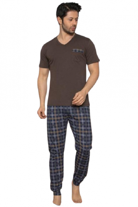 Pijamale barbati, material bumbac, pantalon lung, bluza maneca scurta cu buzunar la piept, Maro [3]