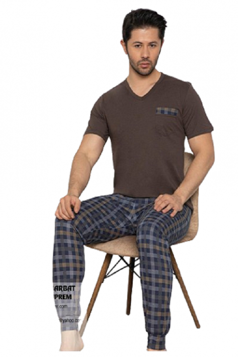 Pijamale barbati, material bumbac, pantalon lung, bluza maneca scurta cu buzunar la piept, Maro [4]