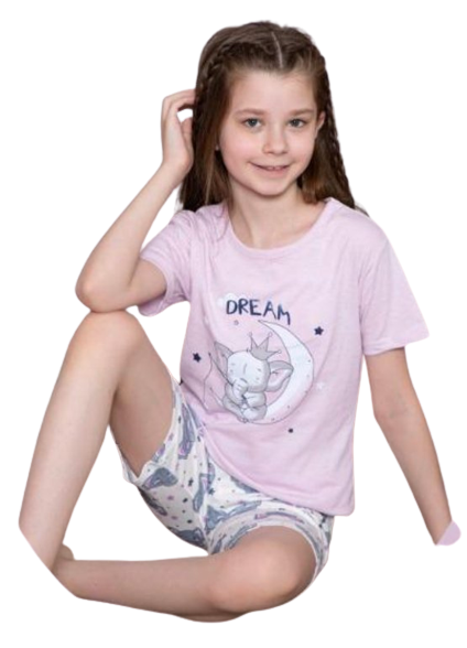 Pijamale pentru fete, cu maneci scurte si imprimeu elefantel Mov [2]