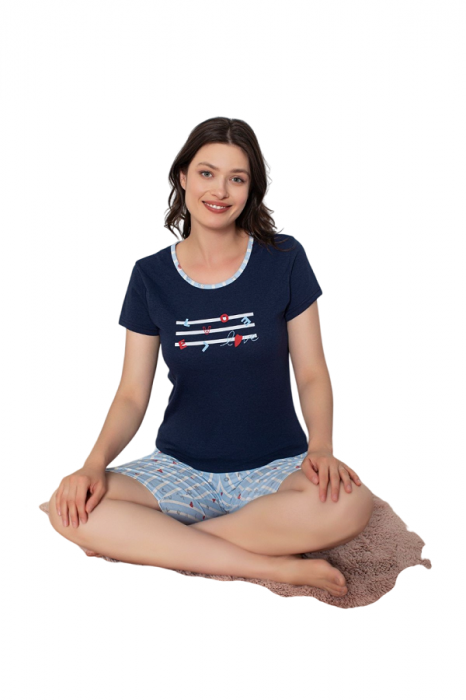 Pijamale Femei - Set Bluza cu Maneca Scurta si Pantalon Scurt, Bleumarin [2]