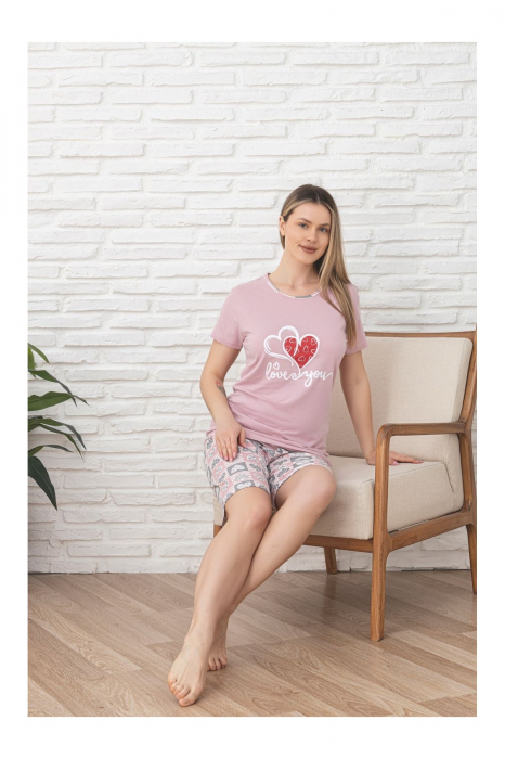 Pijamale Femei - Set Bluza cu Maneca Scurta si Pantalon Scurt, Roz [2]