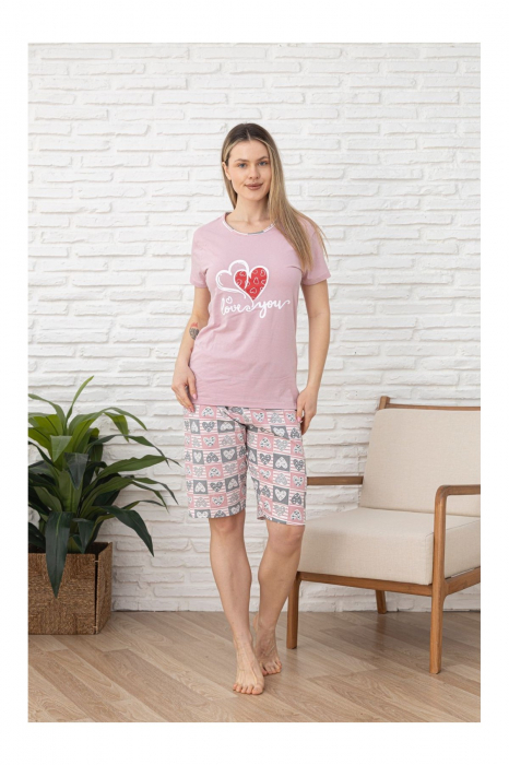 Pijamale Femei - Set Bluza cu Maneca Scurta si Pantalon Scurt, Roz [1]