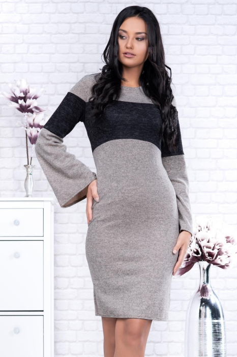 Rochie casual, maneci lungi tip clopot, culoare gri cu negru [2]