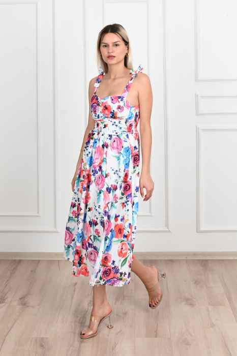 Rochie de vara casual, imprimeu floral, Alb cu Rosu [13]