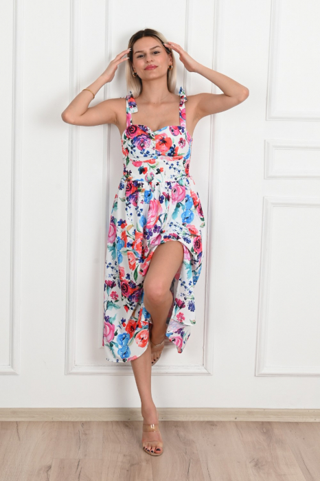 Rochie de vara casual, imprimeu floral, Alb cu Rosu [2]