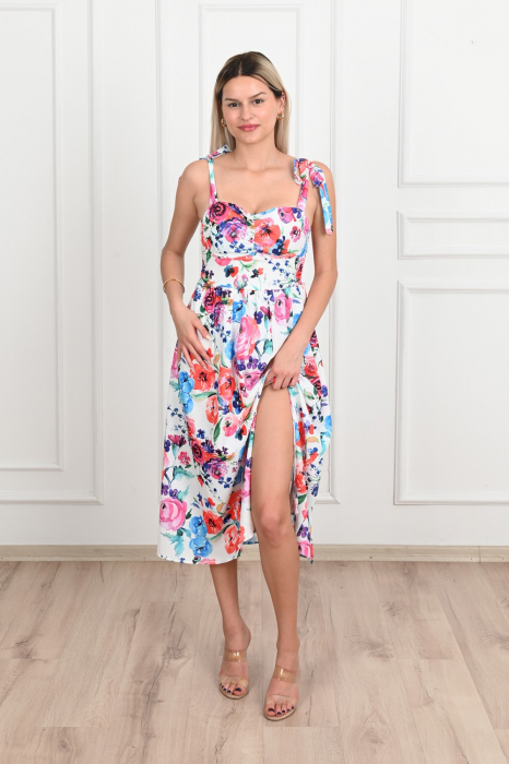 Rochie de vara casual, imprimeu floral, Alb cu Rosu [8]