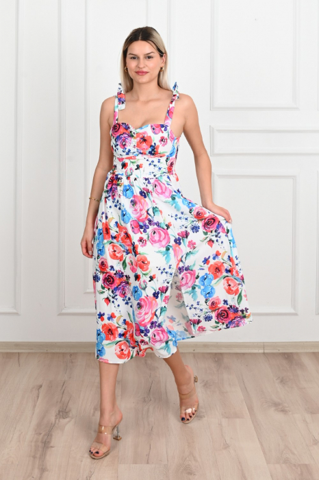Rochie de vara casual, imprimeu floral, Alb cu Rosu [1]