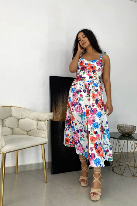 Rochie de vara casual, imprimeu floral, Alb cu Rosu [10]